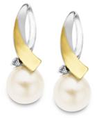 14k Gold And Sterling Silver Earrings, Cultured Freshwater Pearl (8mm) And Diamond Accent Loop Drop Earrings