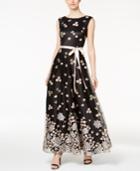 Tahari Asl Floral Embroidered Sash Gown