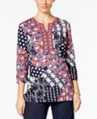 Charter Club Floral-print Split-neck Top, Only At Macy's