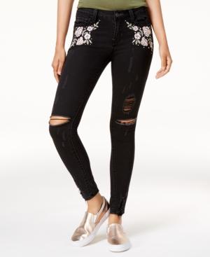 Vanilla Star Juniors' Floral-embroidered Skinny Jeans