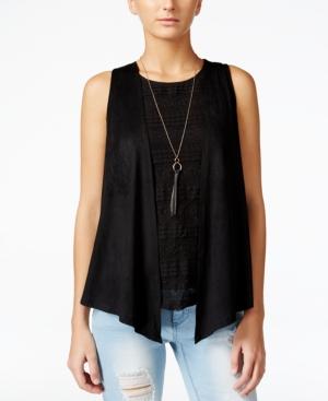 Belle Du Jour Juniors' 3fer Faux-suede Vest With Lace Tank And Necklace