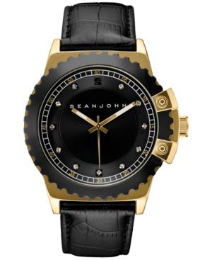 Sean John Men's Black Diamond Collection Diamond Accent Black Leather Strap Watch 49mm 10030887
