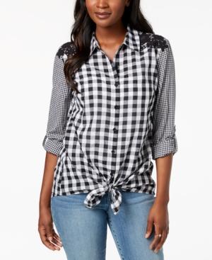 Style & Co Mixed-gingham Tie-front Shirt, Created For Macy's