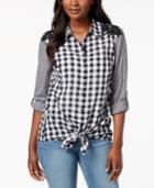 Style & Co Mixed-gingham Tie-front Shirt, Created For Macy's