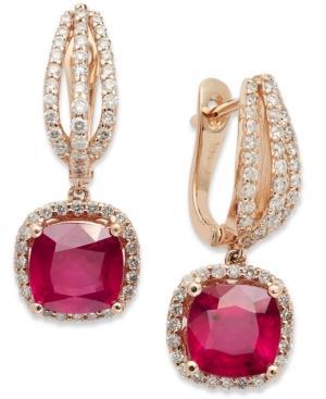 14k Rose Gold Earrings, Ruby (4 Ct. T.w.) And Diamond (3/4 Ct. T.w.) Cushion Cut Drop Earrings