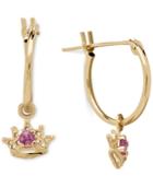 Pink Sapphire Accent Dangle Crown Earrings In 14k Gold