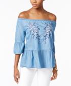 Vintage America Floral-embroidered Off The Shoulder Top