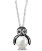 Effy Cultured Freshwater Pearl (7-1/2mm) & Diamond (1/10 Ct. T.w.) 18 Penguin Pendant Necklace In 14k White Gold