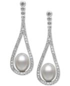 Cultured Freshwater Pearl (8mm) And Cubic Zirconia Pave Teardrop Earrings In Sterling Silver