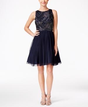 Adrianna Papell Beaded Bodice Mesh Fit & Flare Dress