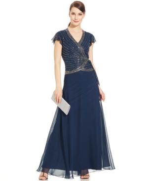 J Kara Flutter-sleeve Embellished Side-tie Gown
