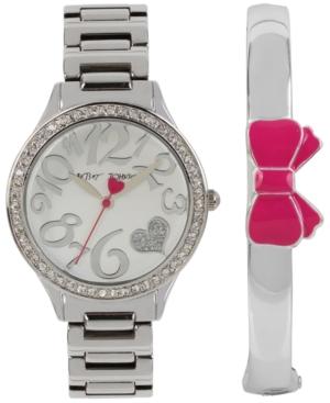 Betsey Johnson Women's Silver-tone Bracelet Watch & Bangle Bracelet Set 36mm Bj00607-01