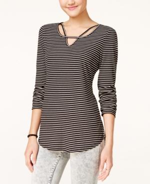 Pink Rose Juniors' Striped Keyhole Rib-knit Top