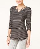 Pink Rose Juniors' Striped Keyhole Rib-knit Top