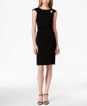 Tahari Asl V-back Belted Brooch Dress