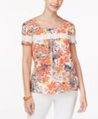 Ny Collection Petite Printed Crochet-trim Open-back Top