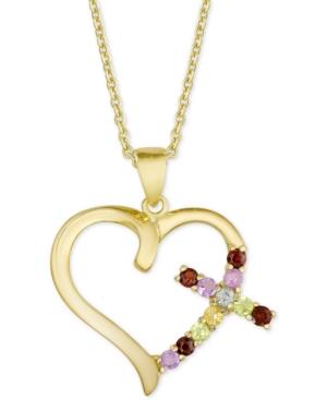 Multi-gemstone (1/2 Ct. T.w.) & Diamond Accent Cross Heart 18 Pendant Necklace In 18k Gold-plated Sterling Silver