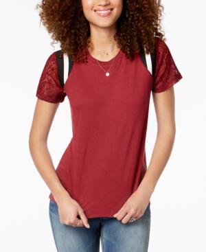 Rebellious One Juniors' Lace-sleeve Striped-shoulder Top