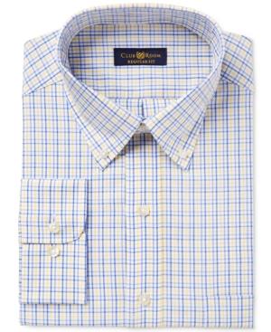 Club Room Men's Classic/regular Fit Estate Wrinkle Resistant Yellow Blue Triple Check Dress Shirt, Only At Macy's