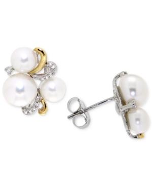 Cultured Freshwater Pearl (5 & 8mm) And Diamond Accent Stud Earrings In Sterling Silver And 14k Gold