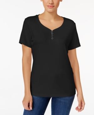 Karen Scott Petite Cotton Henley T-shirt, Created For Macy's
