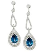 14k White Gold Earrings, London Blue Topaz (7 Ct. T.w.) And Diamond (1-3/8 Ct. T.w.) Pear Drop Earrings