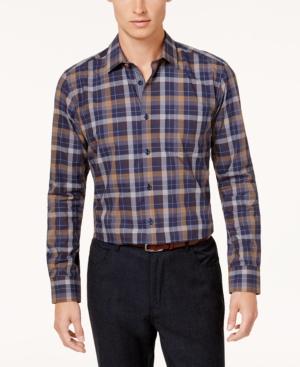 Ryan Seacrest Distinction Men's Navy/camel Plaid Sport Shirt, Created For Macy's