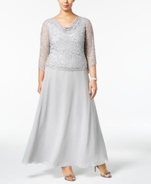 J Kara Plus Size Draped Sequined Gown