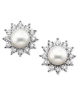 10k White Gold Earrings, Cultured Freshwater Pearl And Diamond (1/8 Ct. T.w.)