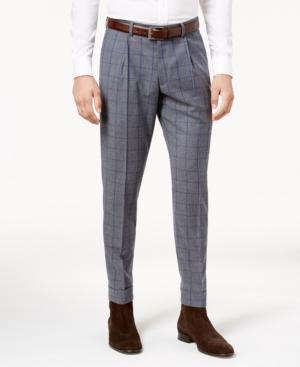 Tallia Men's Slim-fit Gray And Blue Windowpane Wool Pants