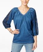 Inc International Concepts Crochet-sleeve Peasant Top, Only At Macy's