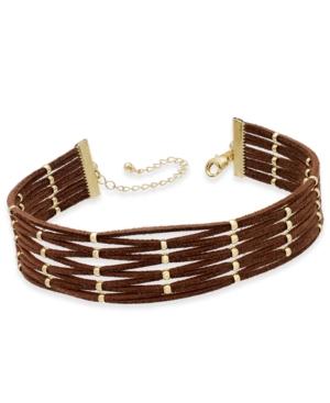 Inc International Concepts Gold-tone Brown Faux Suede Beaded Choker Necklace, Only At Macy's