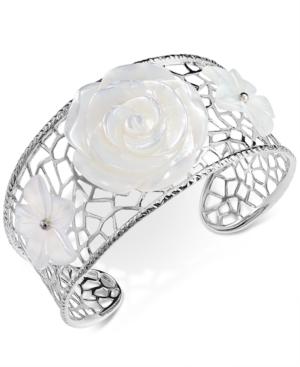 Mother-of-pearl Flower Openwork Cuff Bracelet In Sterling Silver
