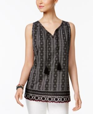 Style & Co Printed Crochet-trim Top, Created For Macy's