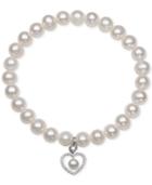 Cultured Freshwater Pearl (7mm & 5mm) And Cubic Zirconia Heart Stretch Bracelet