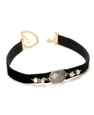 Paul & Pitu Naturally Two-tone Pave, Imitation Pearl & Purple Stone Black Velvet Choker Necklace