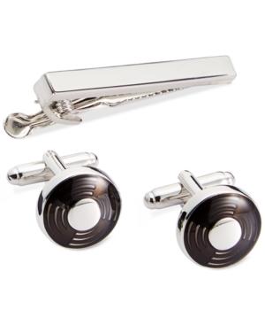 Geoffrey Beene Polished Rhodium Circle Cufflinks With Black Enamel Tie Clip