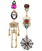 Betsey Johnson Tri-tone Cameo Skeleton And Spider With Web Mismatch Earrings