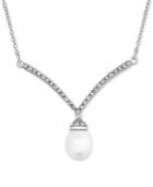 Cultured Freshwater Pearl (9mm X 7mm) & Diamond Accent 17 Pendant Necklace In Sterling Silver
