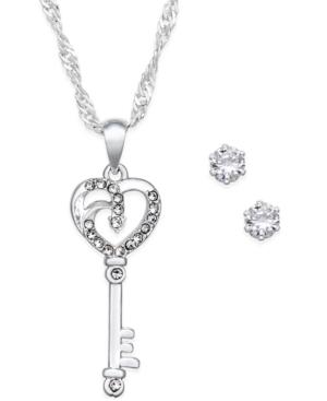 Charter Club Silver-tone Pave Key Necklace And Crystal Stud Earrings