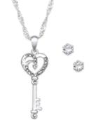 Charter Club Silver-tone Pave Key Necklace And Crystal Stud Earrings