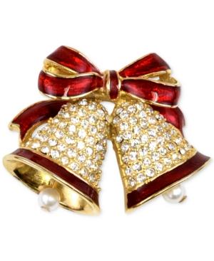 Holiday Lane Gold-tone Pave & Imitation Pearl Bells Brooch, Created For Macy's