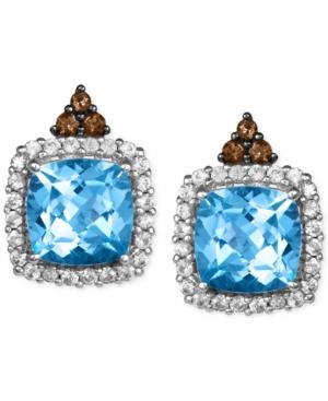 Le Vian Blue Topaz ( 8-1/2 Ct. T.w.) White Sapphire (3/4 Ct. T.w.) And Chocolate Quartz (1/5 Ct. T.w.) Stud Earrings In 14k White Gold