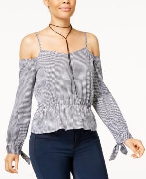 Say What? Juniors' Cotton Cold-shoulder Gingham-print Top