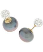 Dyed Black Cultured Freshwater Pearl (11mm) And Crystal Pave Ball Front And Back Earrings In 14k Gold