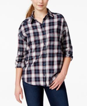 Angie Juniors' Contrast-back Plaid Button-front Shirt
