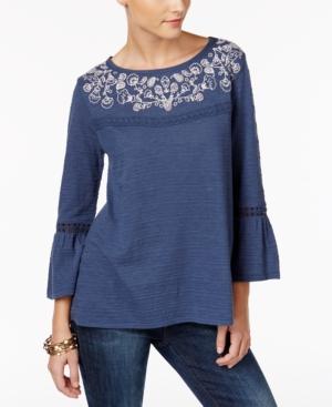 Style & Co Petite Embroidered Bell-sleeve Top, Only At Macy's