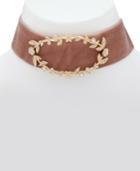 Lonna & Lilly Gold-tone Pave Flowers & Brown Fabric Choker Necklace