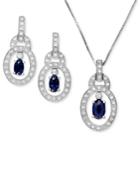 Sterling Silver Necklace And Earrings, Sapphire (1-1/8 Ct. T.w.) And Diamond Accent Oval Pendant And Drops Set