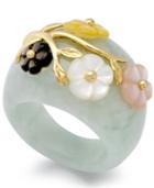 Jade Or Onyx And Multicolored Mother Of Pearl (8mm) Flower Ring In 14k Gold Over Sterling Silver